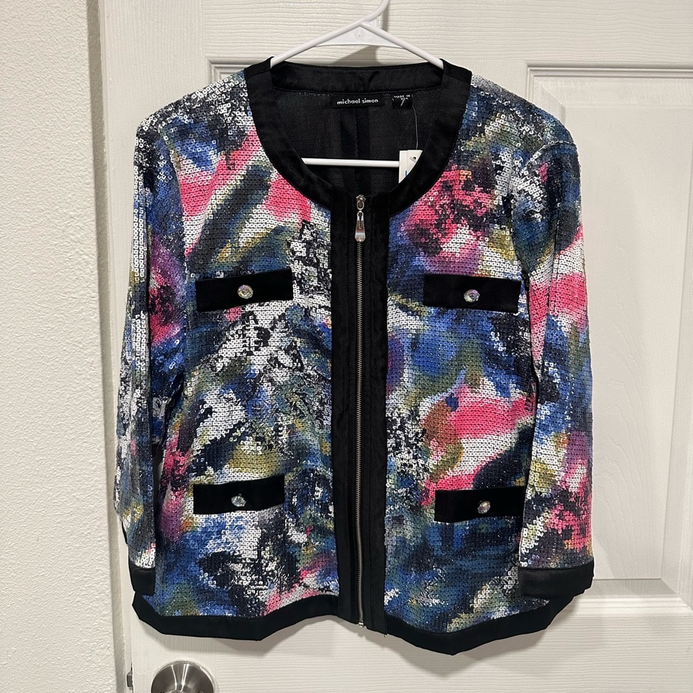 Michael Simon Sequin Multicolored Purple Black Zip Jacket Womens size XL